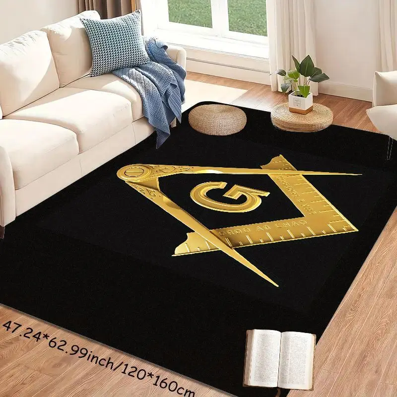 Flannel Printed Masonic Symbol Rug Golden Compass Square Design Soft Fleece Floor Mat Living Room Carpet Lodge Decor Rugs