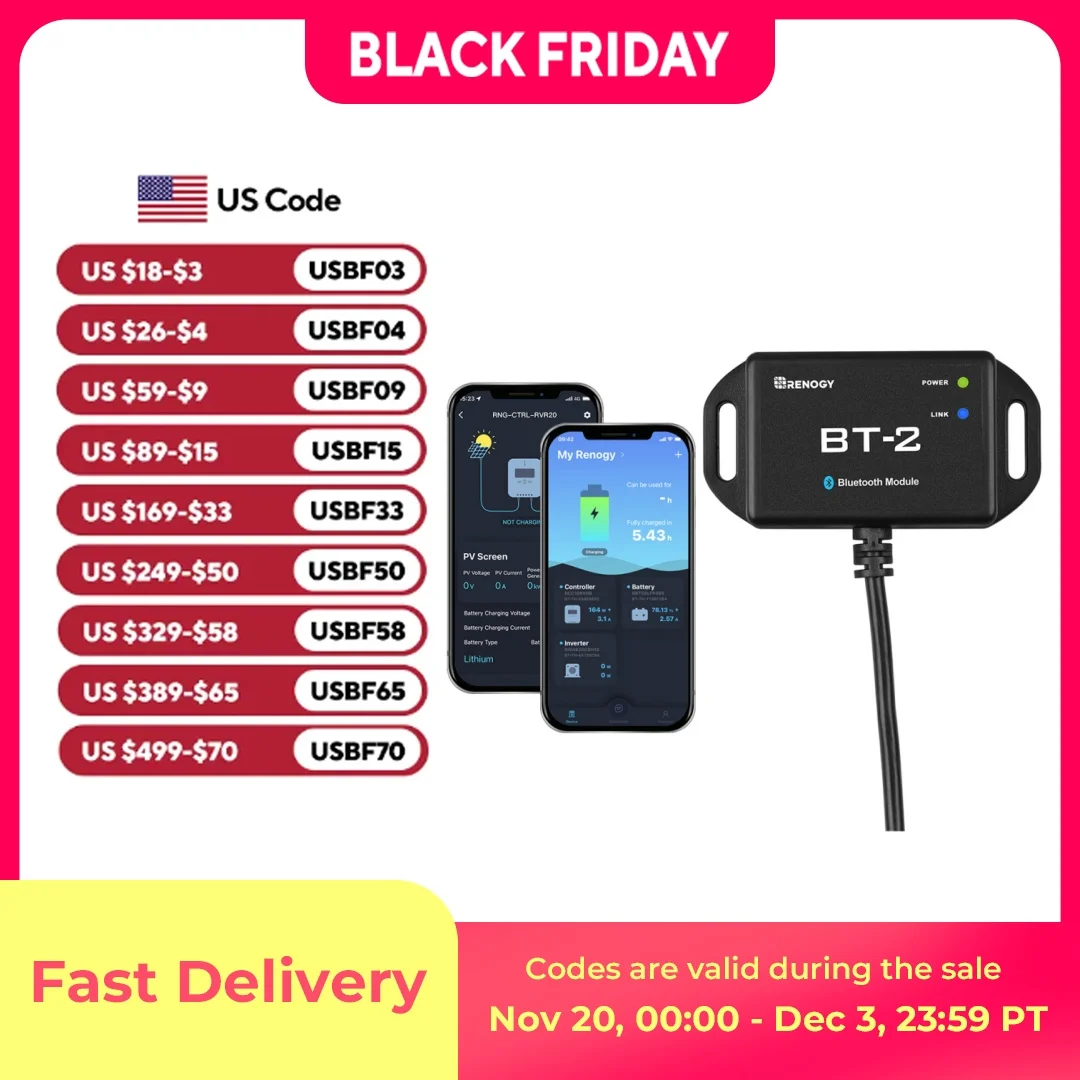 

Renogy BT-2 Bluetooth Module RJ45 Communication Port Wirelessly Monitor Real-time Insight Precise Control, Compatible Solar Char