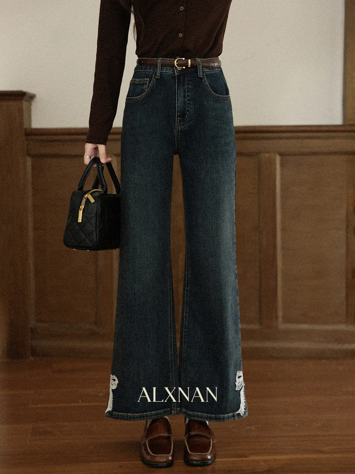 ALXNAN Vintage Blue Wide-leg Jeans Women's Autumn Straight Baggy Jeans Lace Bow Design Cotton Casual Denim Pants Female L57161