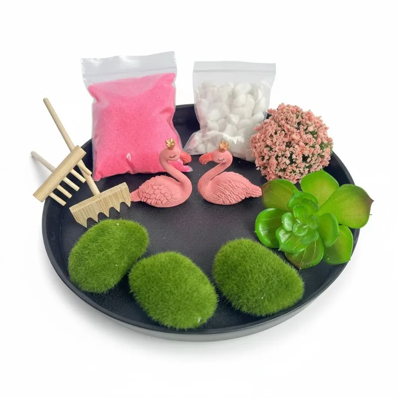 Flamingo mini Zen Garden Desk Sand Tray Set, Pink Aesthetic Table Sand Therapy Decor Kit, Cute Women Gift for Halloween, Valentine's Day, Christmas, Easter, Home Office desktop Ornament, Relaxing Miniature meditation Sand Garden Decoration