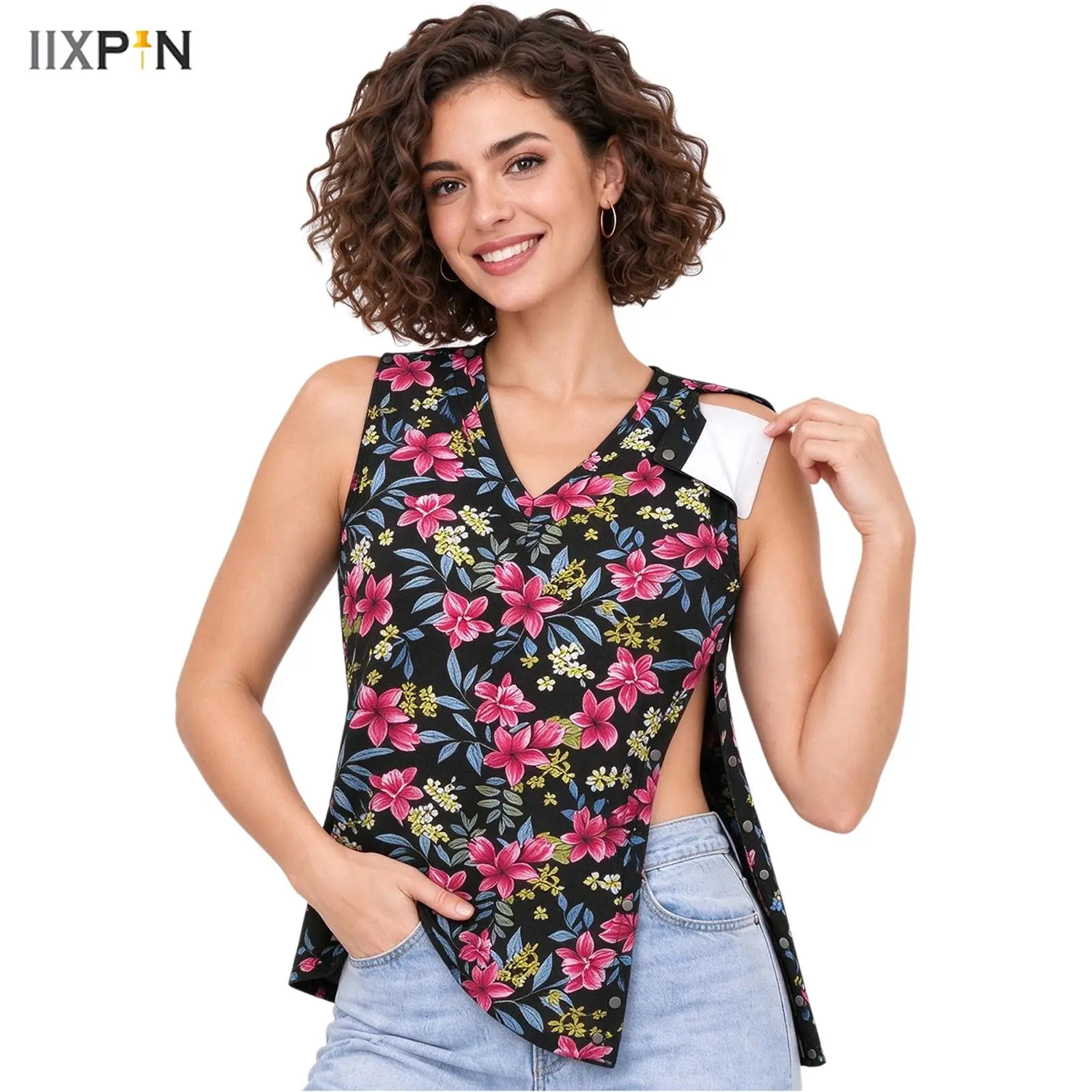 Women's Post-surgery Adaptive Shirt V-neck Sleeveless Press Buttons Shoulders Sides Printed Top for Postoperative Recovery Home