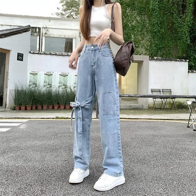 Versatile Wide Leg Denim Pants Vaqueros Small Bow High Waist Personalized Design Japanese Jeans Women's New Straight Loose Slim