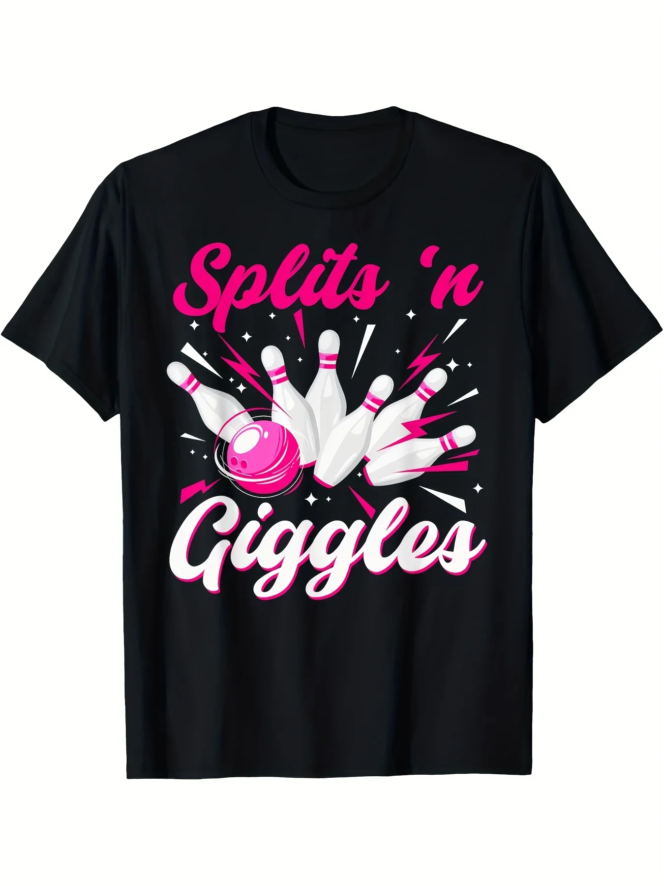 Funny Bowling Themed T-Shirt for Adults - Cotton Casual Short Sleeve, Loose Fit, Round Neck, Printed Pattern, Breathable Fabric, 220gsm - S-XXXL, Black, Classic Retro Style, Round Neck Short Sleeves, Machine Washable, Ideal for Casual SportWear