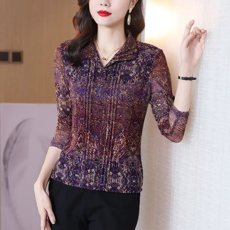 Elegant Vintage Stylish Pleated Shirt Women\'s Clothing Vintage Folk Printed Spring Autumn Long Sleeve Commute Straight Blouse