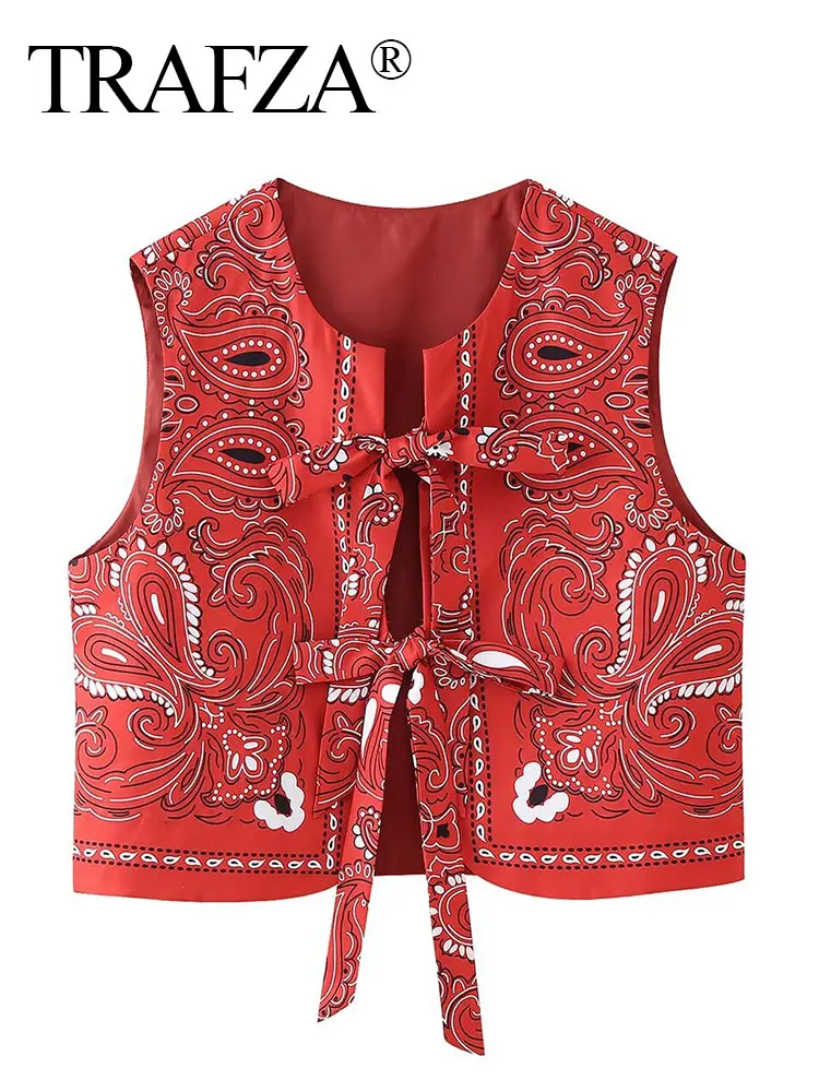 TRAFZA 2024 Summer Women Fashion Vest Print O Neck Cardigan Tops Female Wild Chic Bow Lace Up Streerwear Women\'s Waistcoat Top