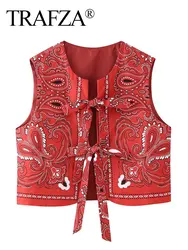 TRAFZA 2024 Summer Women Fashion Vest Print O Neck Cardigan Tops Female Wild Chic Bow Lace Up Streerwear Women's Waistcoat Top