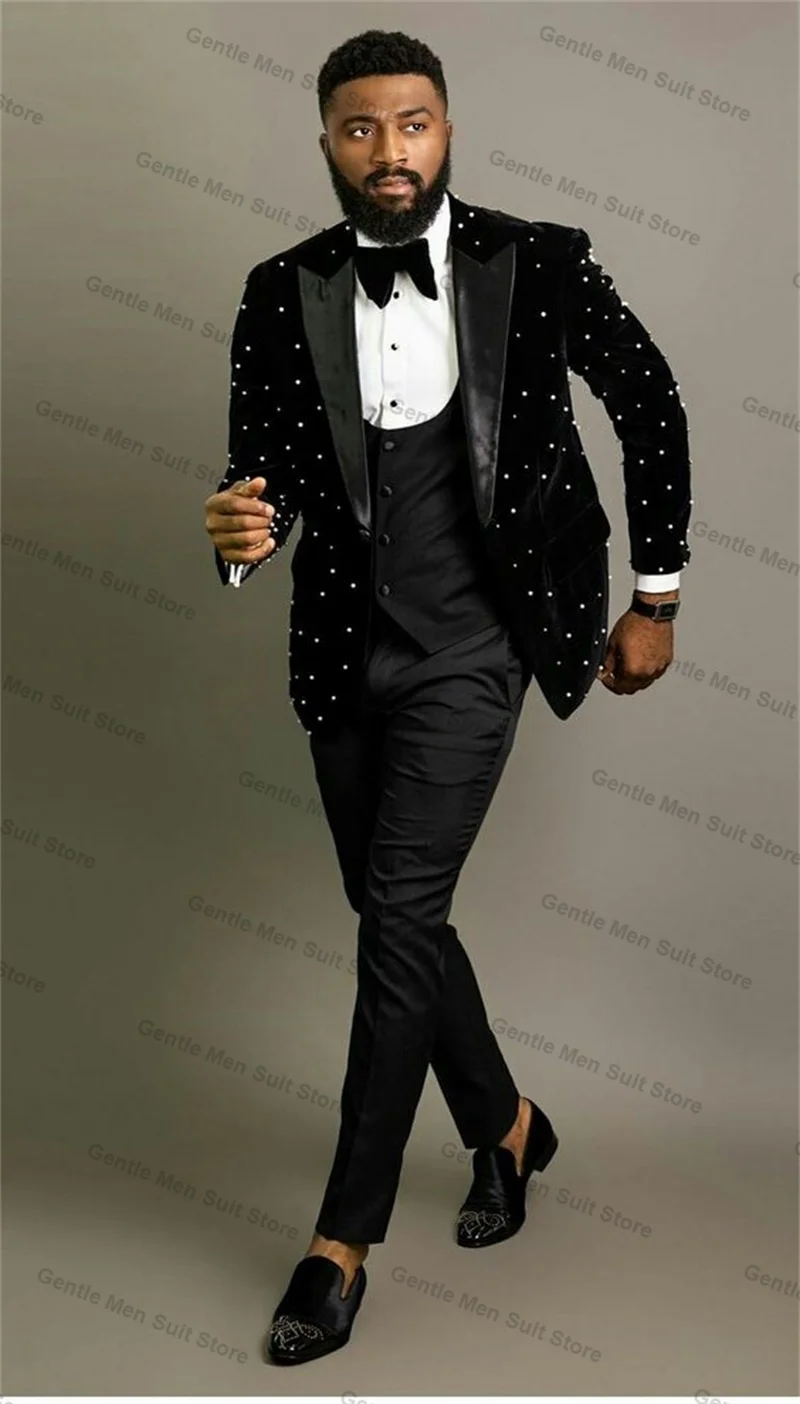 Black Pearls Men Suits Set 2 Piece Velvet Blazer+Cotton Pants Groom Wedding Tuxedo Single Breasted Coat Custom Made Jacket