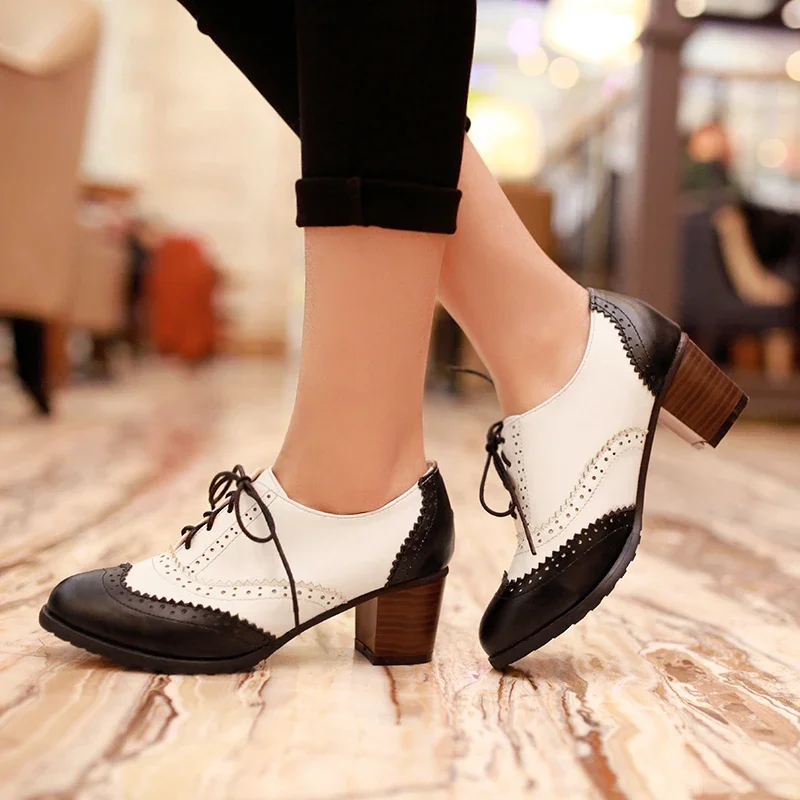 British Women Oxfords High Square Block Heels Pumps Black Brown Patchwork Round Toe Lace Up Casual Office Vintage Ladies Brogues