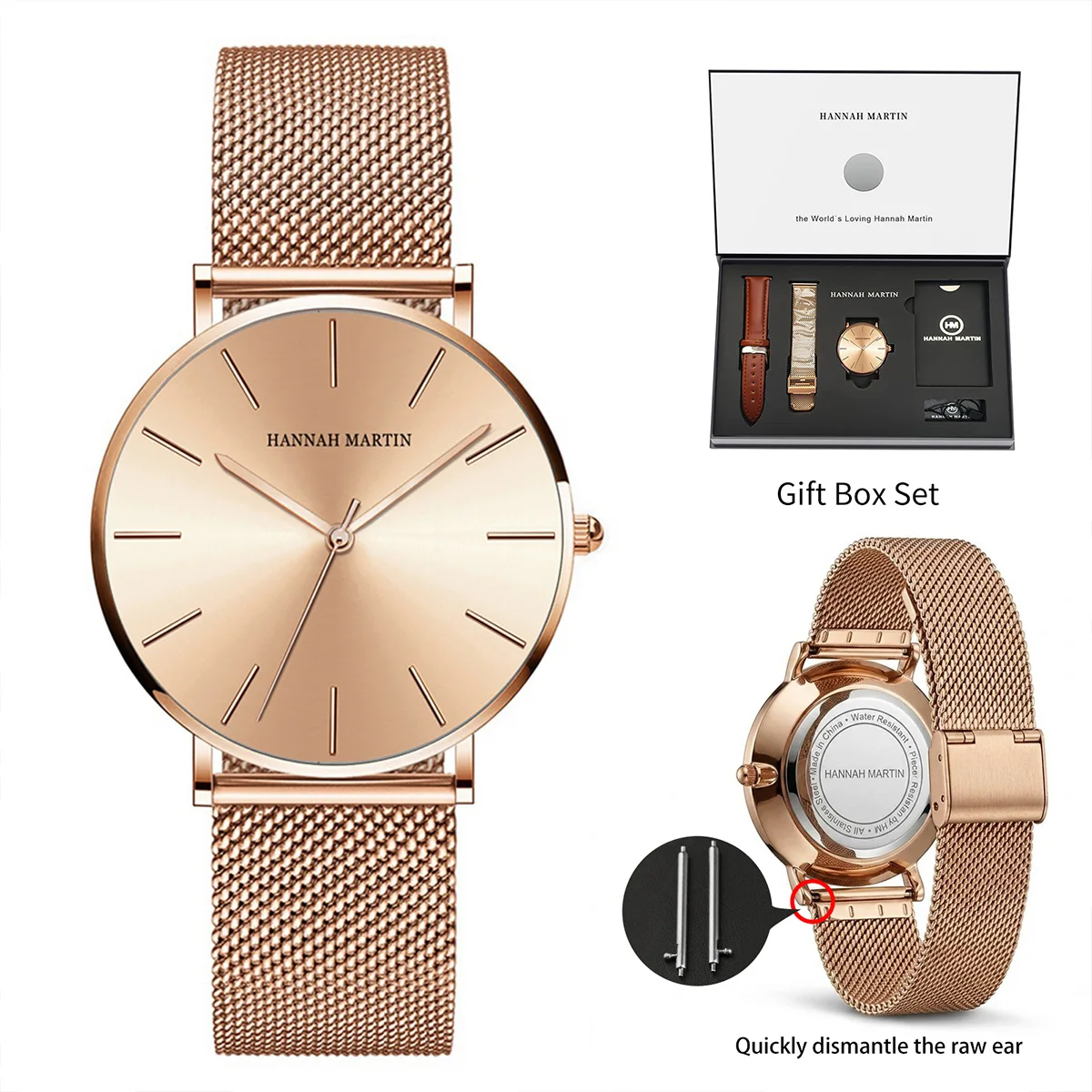 Hannah Martin Damenuhr 1 Set mit modischem, minimalistischem 36-mm-Leichtgewicht-UFO-Gehäuse, Roségold-Uhr, japanischem Uhrwerk, wasserdicht, Edelstahl-Mesh-Armband, Quarz-Damenuhr, lokaler Versand.