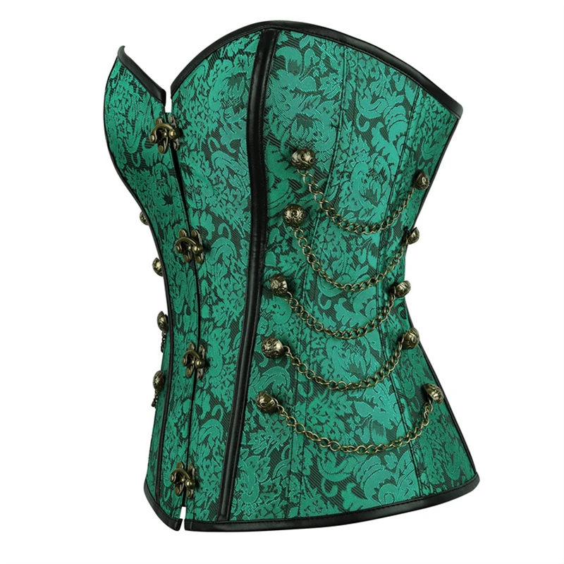 Women Gothic Retro Outerwear Corset Jacquard Steel Bone Strapless Bodice Slimming Shaper Steampunk Chain Decoration Bustier Tops