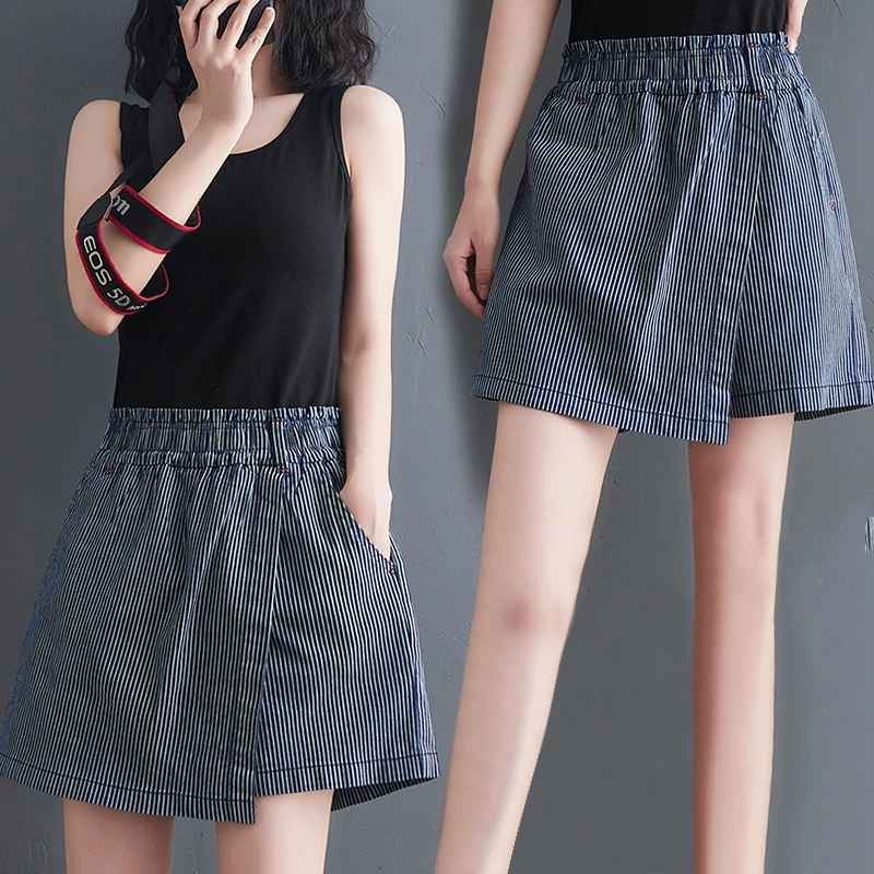 

Женские свободные джинсовые брюки с эластичной резинкой на талии, широкие брюки в стиле пэчворк, летние повседневные универсальные шорты, темно-синие джинсы