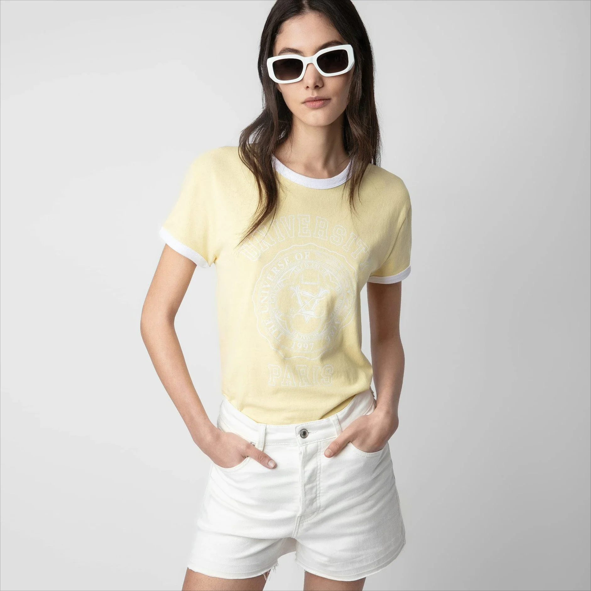 

Новая летняя французская ниша, классическая женская футболка с короткими рукавами и манжетами, контрастная желтая женская футболка с буквенным принтом