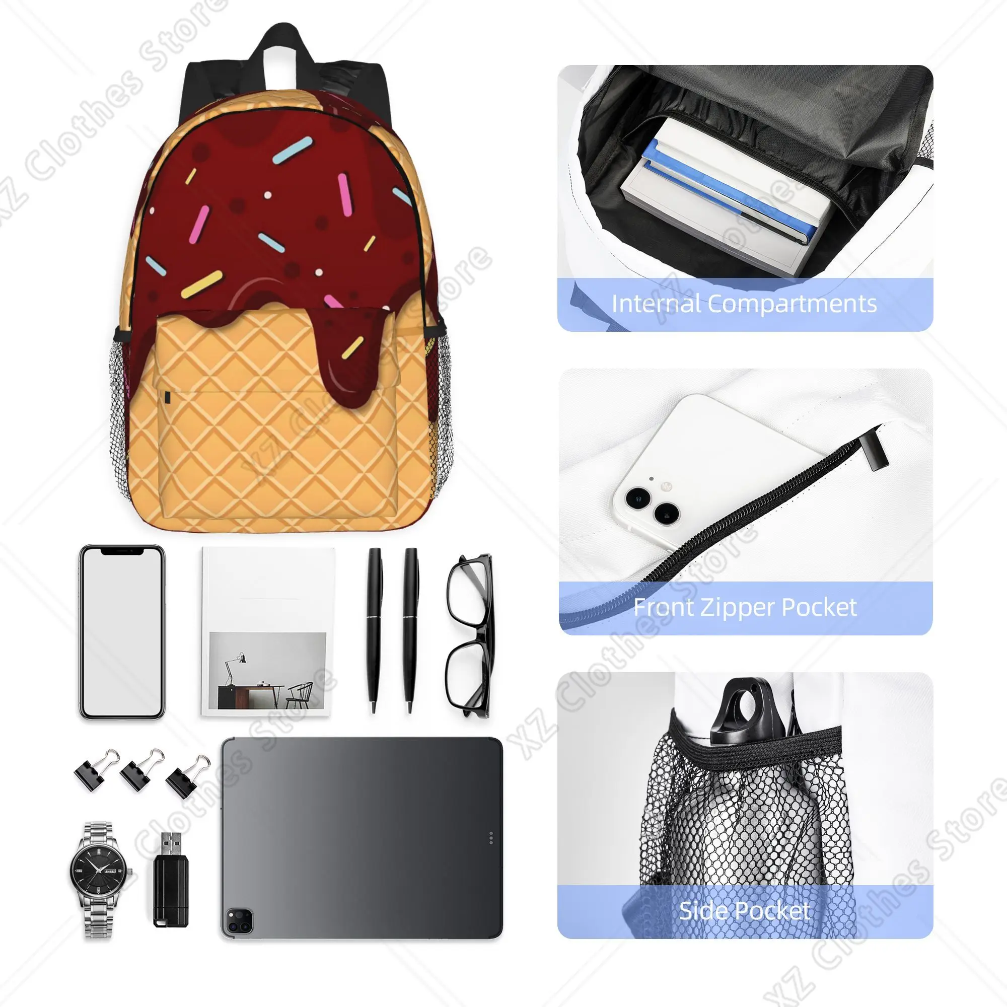 Ice Cream Waffle With Chocolate Backpack Hot Sale Daypack Boys Girls BookBag Shoulder Bags for Men Women School Bag