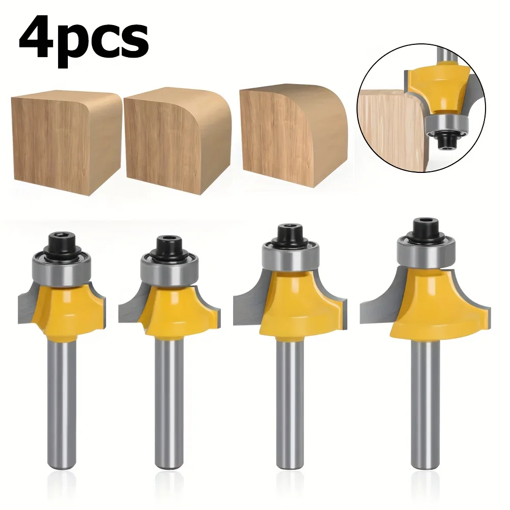 4Pcs HHS 1/4 Inch Shank Router Bits Round Corner Rounding Edge-Forming Router Bits for Rounding End Mills Set for Wood