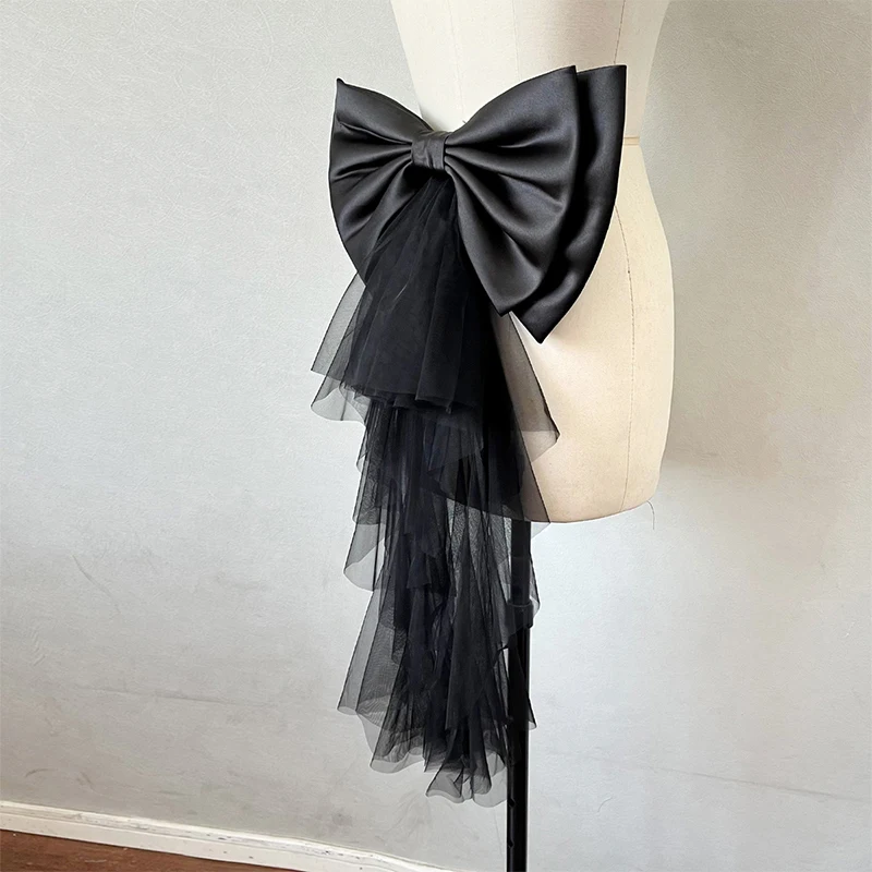 39x60cm New Fashion Satin Wedding Bow With Ruffles Tulle Lolita Bridal Dress Decorations Bow Knot Belt Women Accessories2025