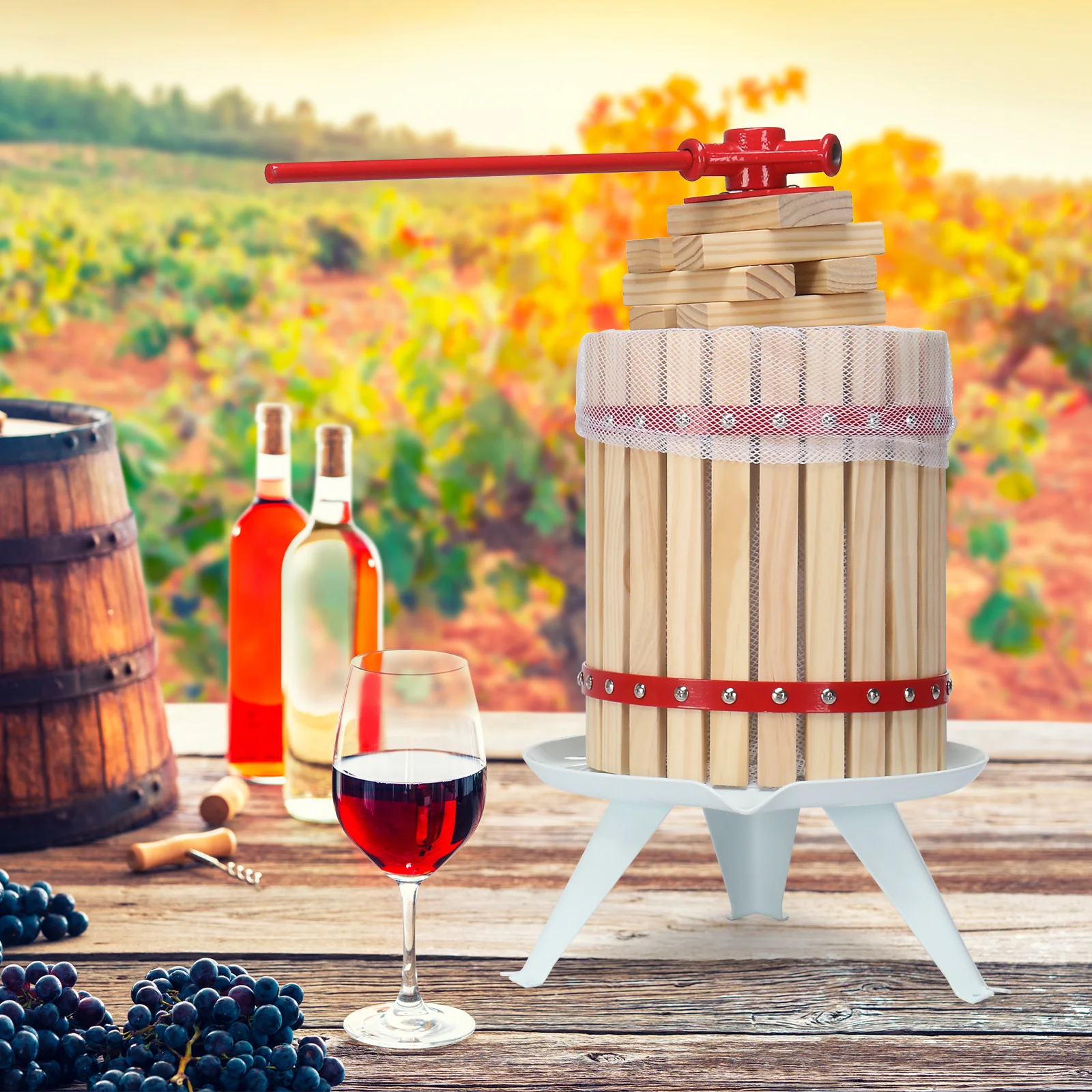 4.75 Gal Wine Press, Solid Wood, 8 Blocks, 18L Crusher, Manual Juice Maker, Red, Home/Outdoor.