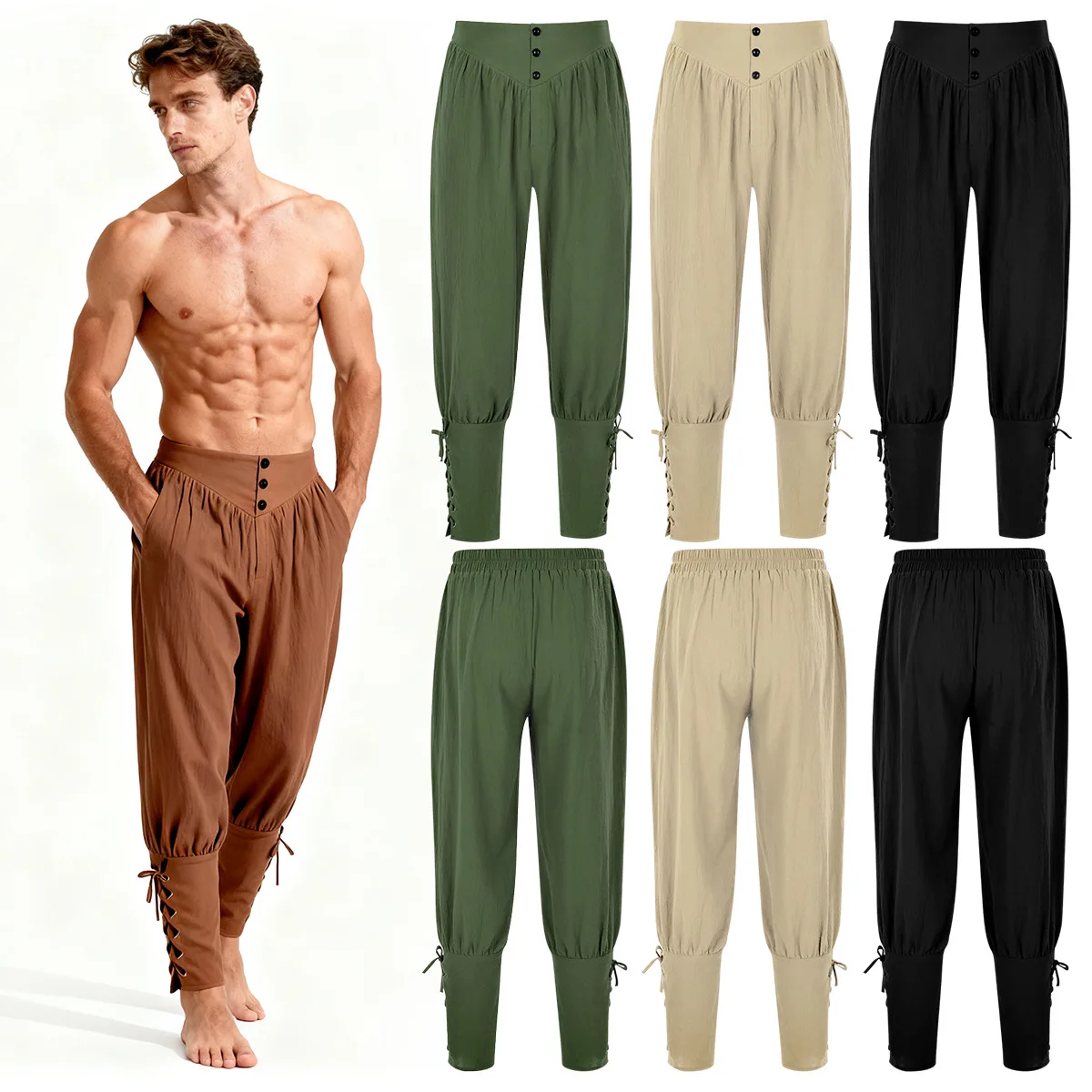 Pantalones tobilleros de Cosplay de campesino Medieval para hombre, pantalones de disfraz de lino cónicos con cordones de pirata vikingo renacentista para Halloween