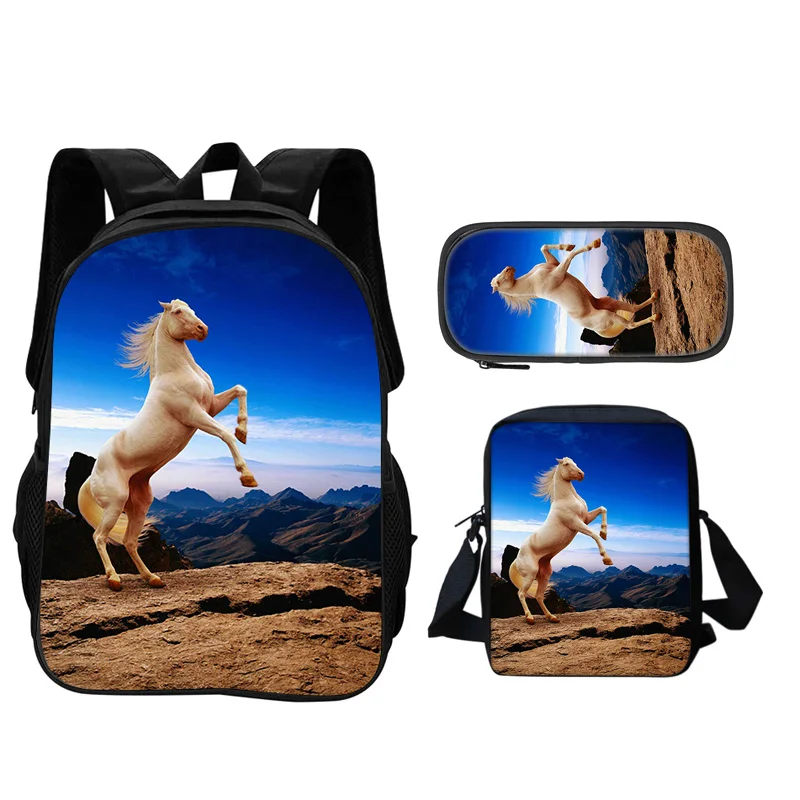 Horse backpack, pencil case, shoulder bag 3Pcs Set animal horse 3D printing large capacity student new style handsome and casual