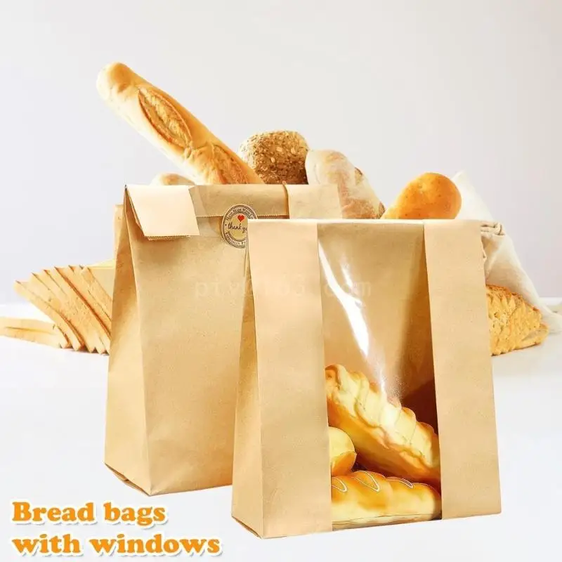 100PCS Kraft Paper Bags with Transparent Window Durable Bread Packaging Bags Handmade Biscuit Candy Packaging Pounches