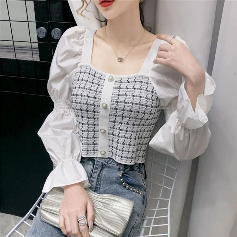 Vintage Square Neck Chic Sweet Ruffle Plaid Patchwork Long Sleeve Knitwear Women Spring Autumn Pullovers Blouse Top Clothing2023