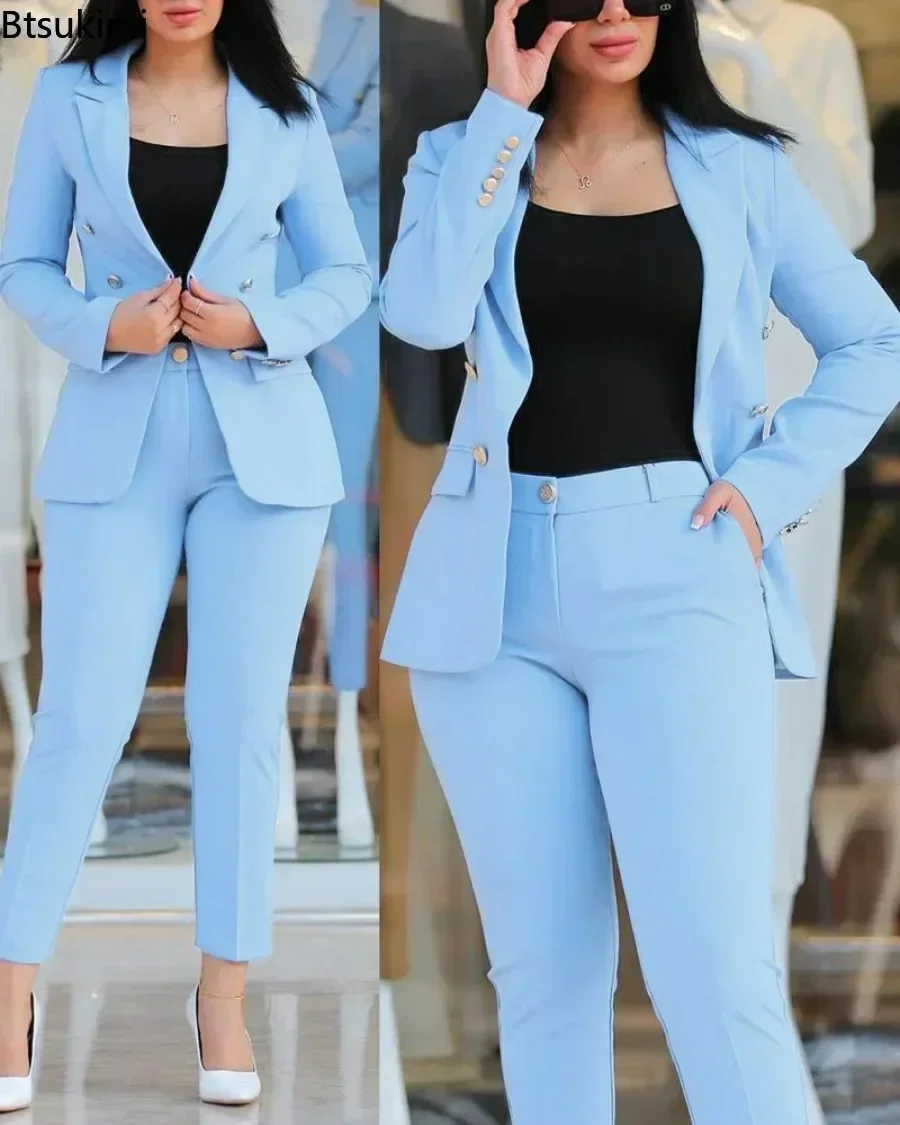 2024 Women\'s Office Business Pant Sets 2PCS Solid Double Breasted Blazers Jacket and Pants Sets Two Pieces Female Pant Suits Set