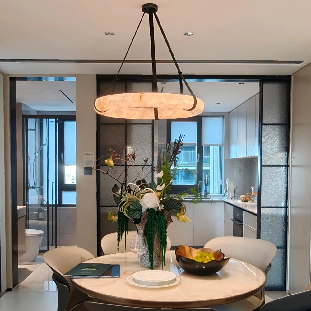 Faux Alabaster Pendant Light Round Belt Hanging Lights for Duplex Living Room Kitchen Bedroom Artificial Marble Decor Lamp