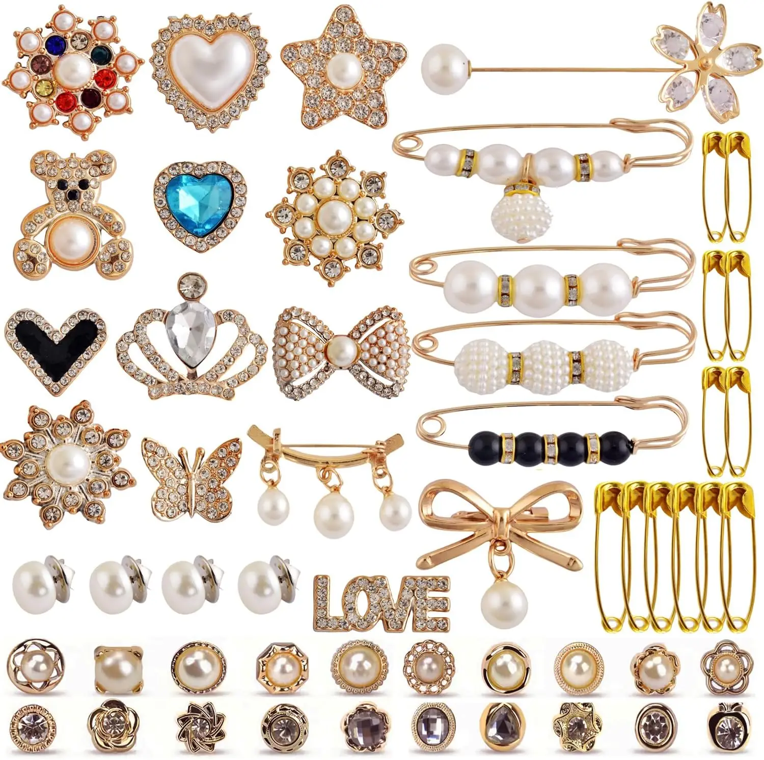 Charms for Socks Safety Pin Brooch,55pcs Junk Sock Charms Pins Gold Bling Sock Jewelry Charms,Brooch Pins for Socks,Pearl Rhines