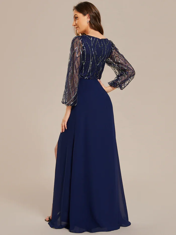 Ever Pretty sequin See-through Long Sleeves High Slit Chiffon A-Line party, prom, weddingEvening Dress