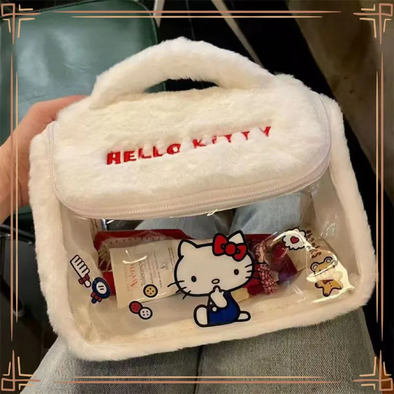 anime   Hello Kitty   Borsa per il trucco in peluche   ragazza   decorare   Borsa da toilette trasparente   Portatile   Borsa a tracolla   Grande capacità   Accessori   Regalo