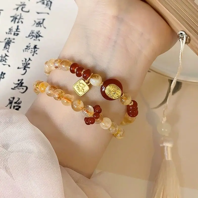 

New Style Natural Citrine Beaded Bracelet Women's National Style Zakiram Ruyi Lock Yellow Crystal Hand String Girlfriend Gift