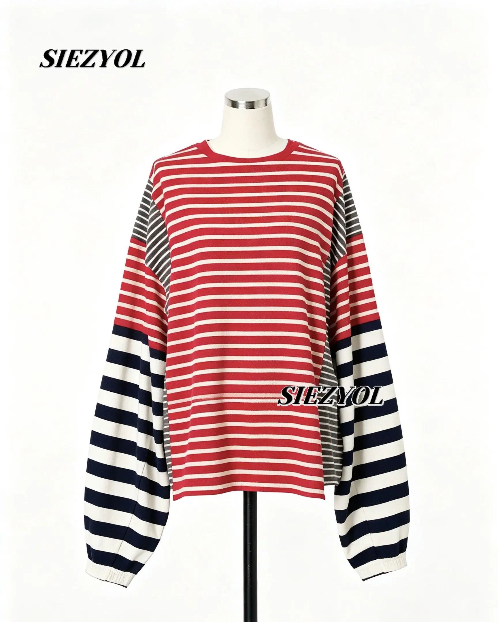Autumn New Japanese Contrasting Color Splicing Striped Long-sleeved T-shirt Sweet Loose Round Neck Casual Versatile Tops
