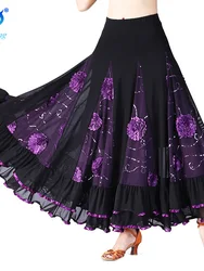 Social Dance Long Skirt Large Swing Skirt Modern Dance Competition Dress Performance Dress Half Skirt Sequin Flower Square Dance