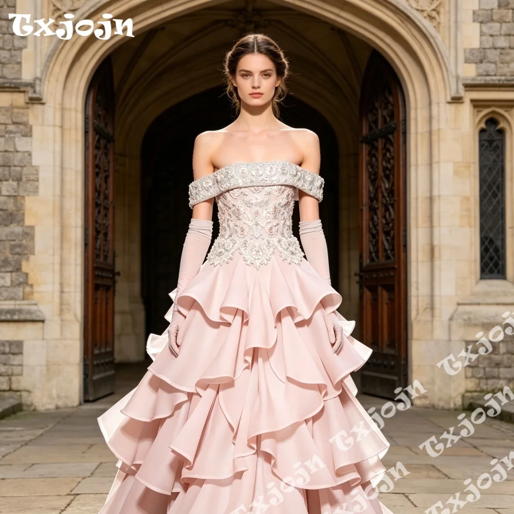 

Gorgeous Blush Pink Princess Ball Gown Stunning Beaded Lace Details Off Shoulder Ruffle Skirt Formal Prom Dress For Bridesmaid