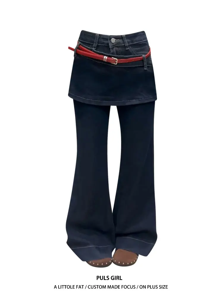 

Retro Washed Patchwork Loose Wide Leg Denim Skirt Pants Women's plus Size Casual High Waist Trousers Summer New Style