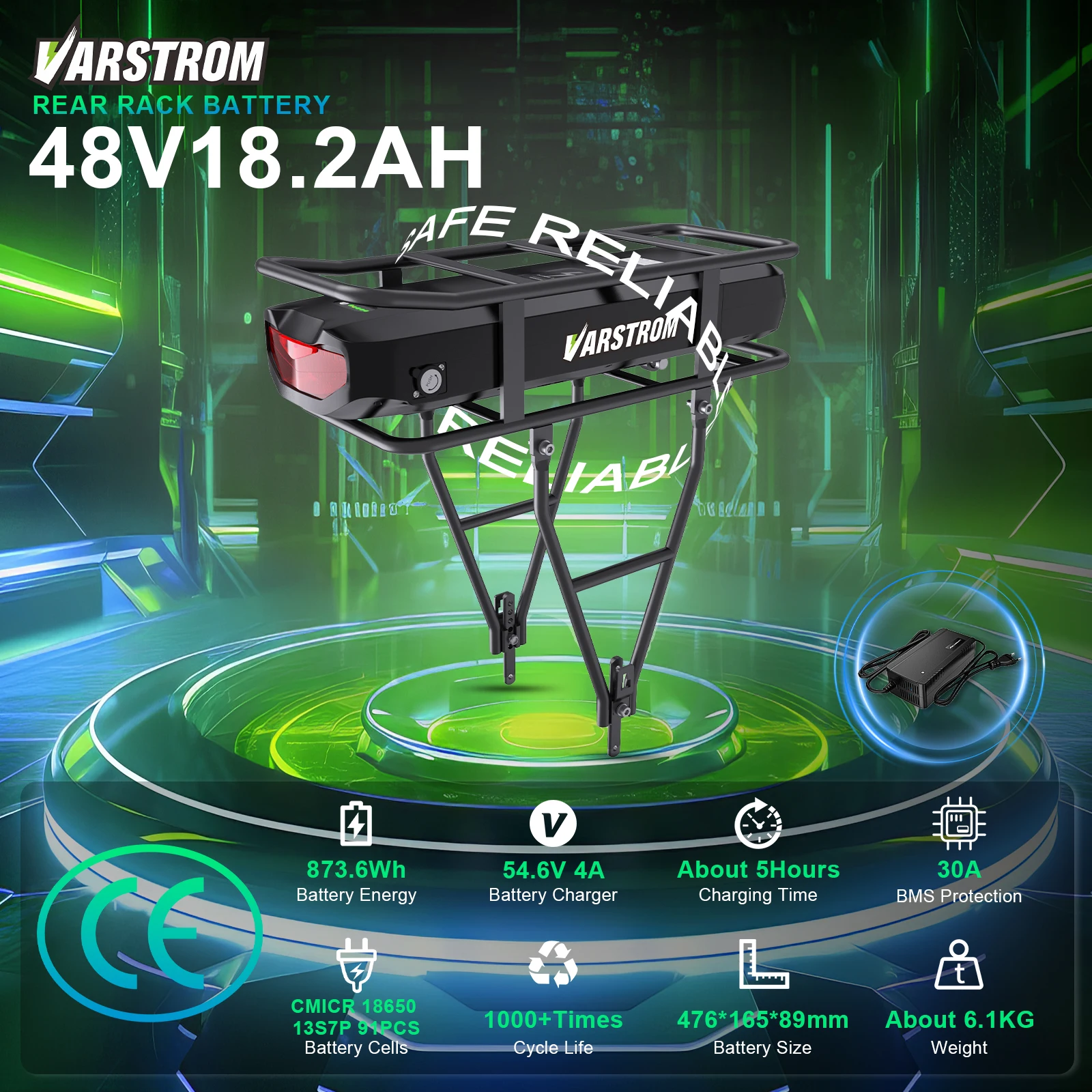 [US Direct] Varstrom 48V 18.2Ah Ebike Rear Rack Lithium Battery 873.6Wh 30A BMS with Taillight XT60 Port Rear Shelf Battery Pack for 500‑1000W Bafang Tsdz2b Motor kits Electric Bicycle Motor Free 4A Charger