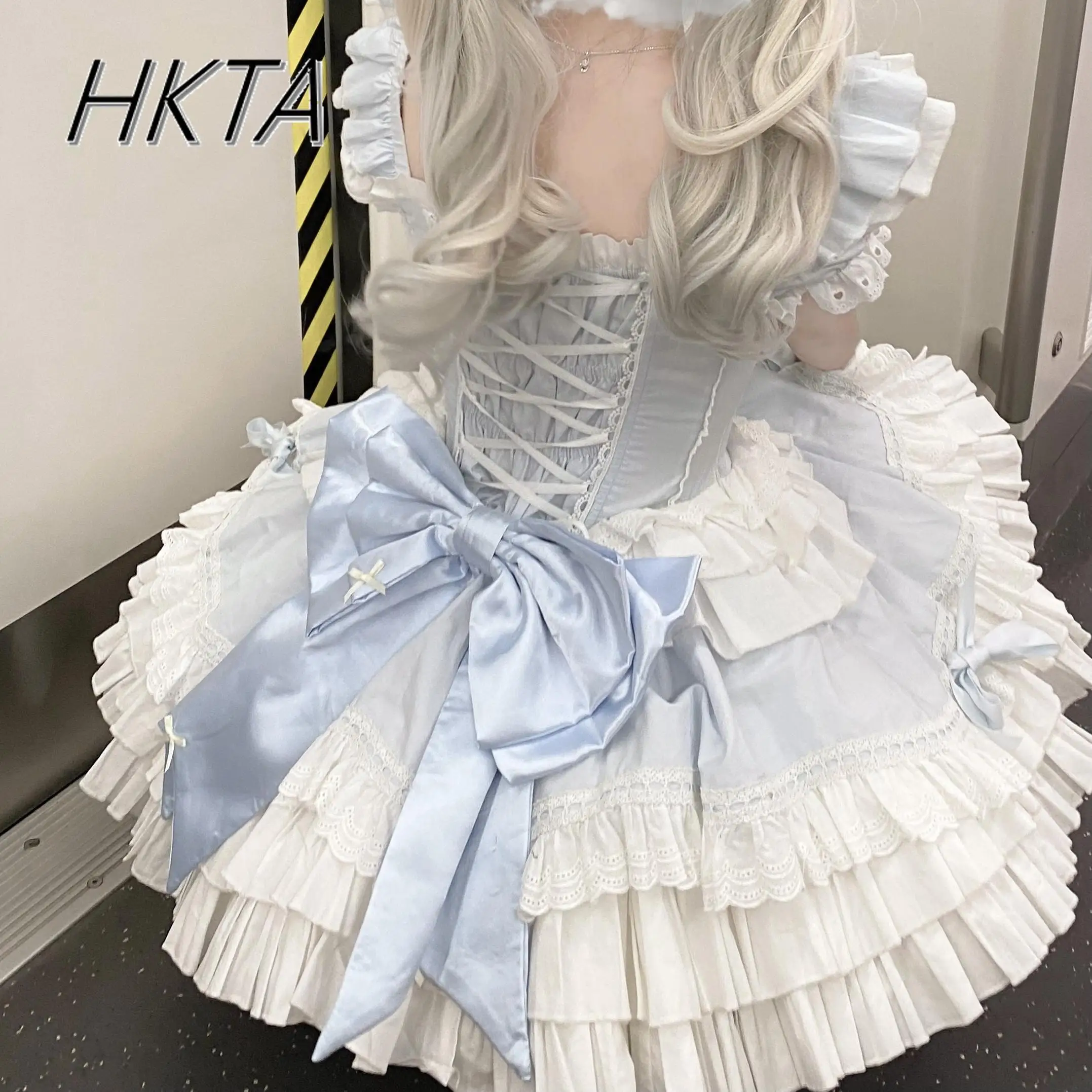 

Lolita Flying Sleeve Bow Cake Ball Gown Dress Women Lace Splicing Strap Princess Short Dress Sweet Cute Pink Birthday Dresses