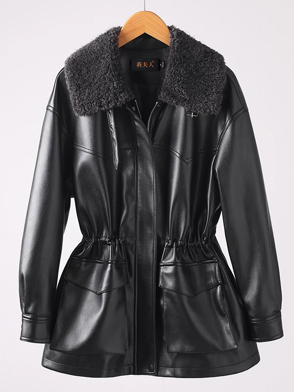 Echte Daunen-Lederjacke für Damen, mittellanger Mantel mit Kordelzug an der Taille, lässiger, langärmliger Schaffellmantel