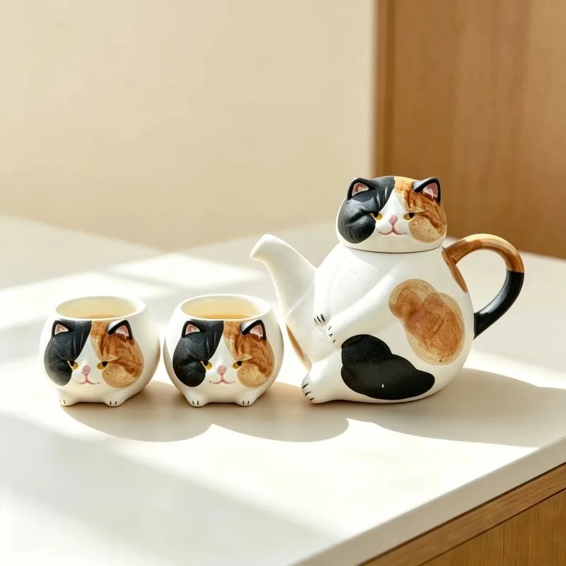 Cute Cat Pattern Japanese Rough Ceramic Teapot Set Household Tea Making Kit Wedding Birthday Present for Tea Lovers