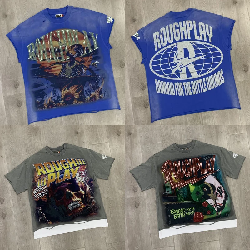 High-quality Cotton American Streetwear ROUGH PLAY Tee Real Photo High Street Retro Rough Play Sports Tank Top T-shirt