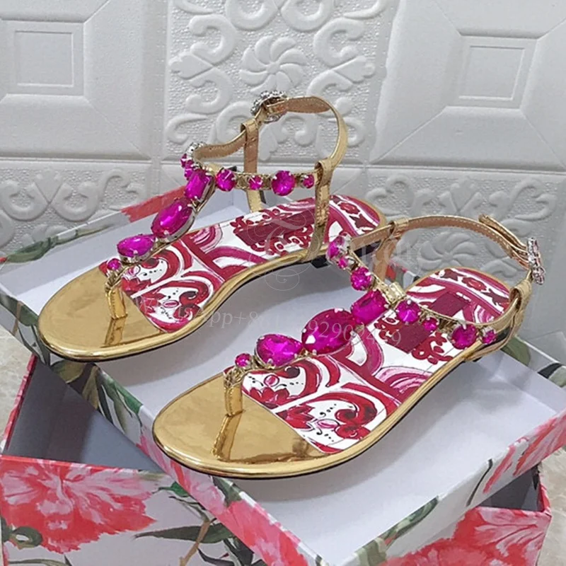 Red Gem Studded Flat Sandal Womens Print Gold Graffiti Blue Silver Casual Heel Open Flip Buckle Concise Slingback Gladiator Shoe