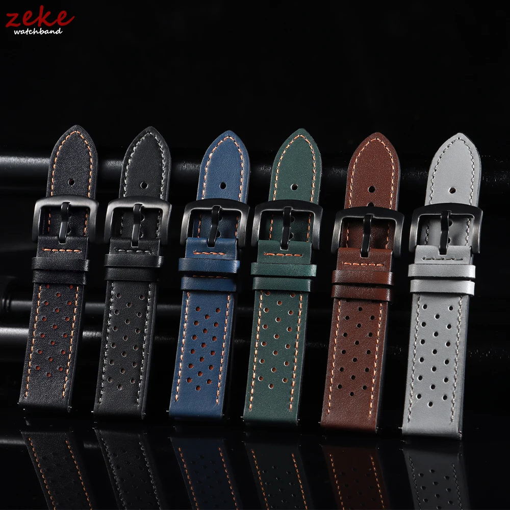 Vintage Handmade Watch Strap 20mm 22mm Quick Release Leather Strap Black Brown Breathable Porous Sport Watchband with Pin Buckle