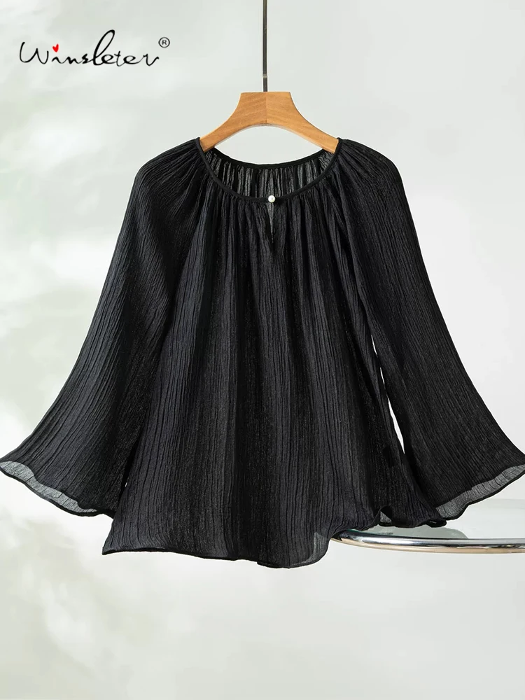 Winsleter-100%Real Silk Shunyu Crepe Elegant T-Shirt, Flare Sleeve Folds, Women French Casual Loose Top, 2026 Summer T66336CC