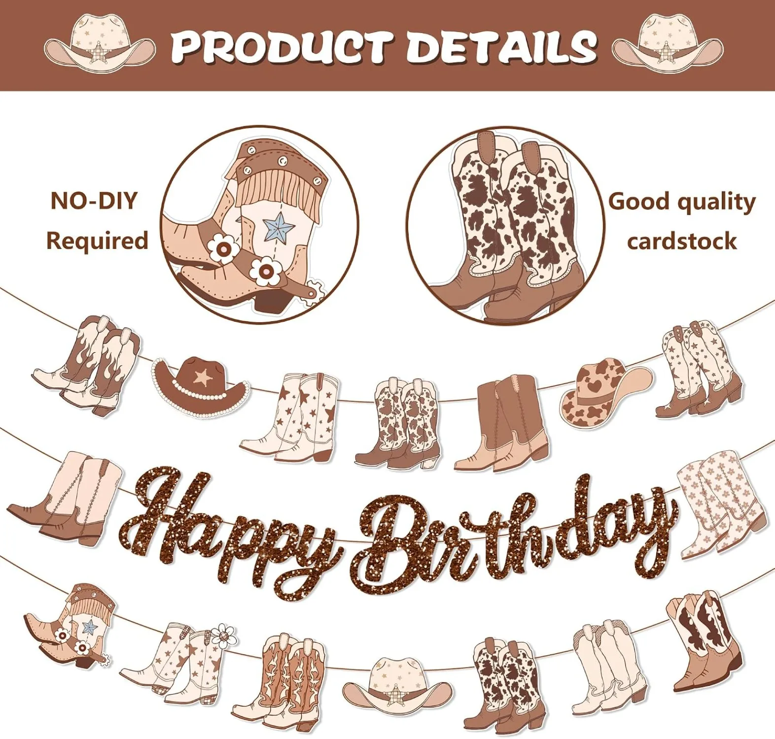 Brown Western Cowboy Happy Birthday Banner Cherry Bow Boots Party Hanging Banner Cowboy Theme BirthdayParty Supplies Decoration