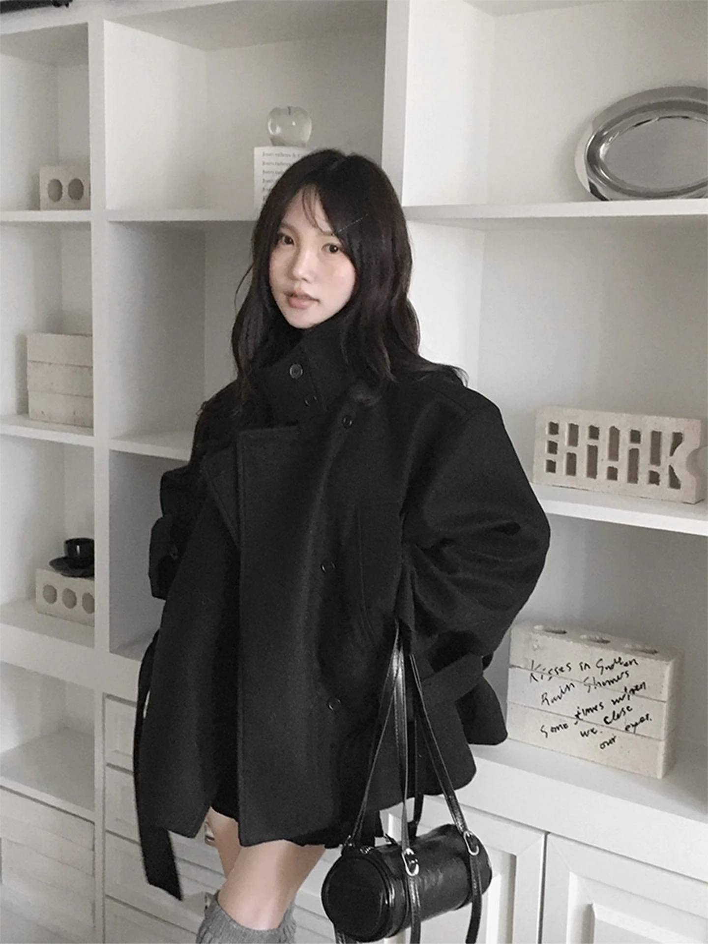 

Ele Double-Breasted Loose Woolen Coat Women's Faion Korean Sle Thiened Long Sve Mid-Length Pure Color Outerwear