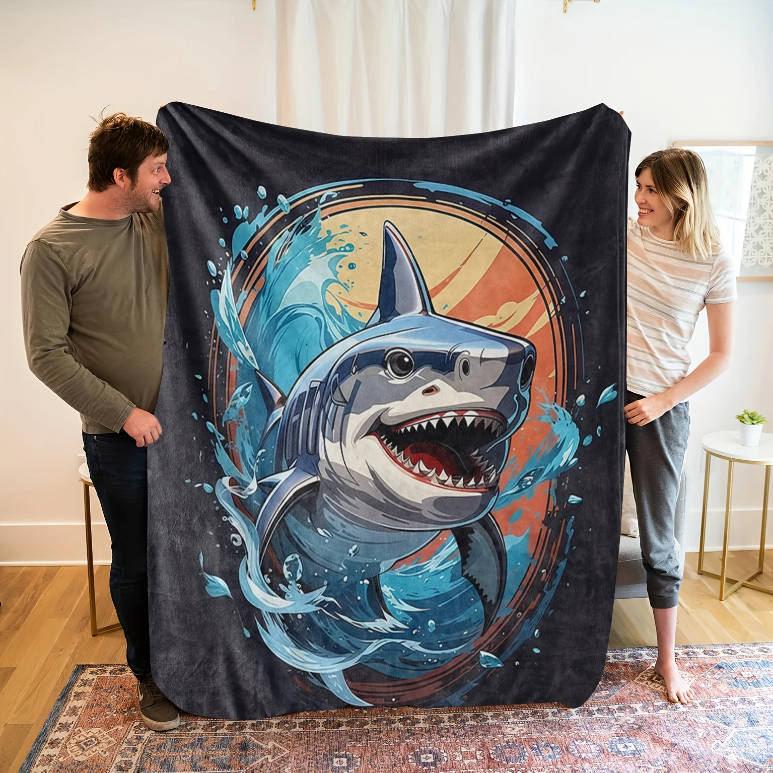 Shark Themed Blanket - Soft & Breathable All-Season Throw with Great White Shark Leap Design in Blue/Orange/, Machine Washable P