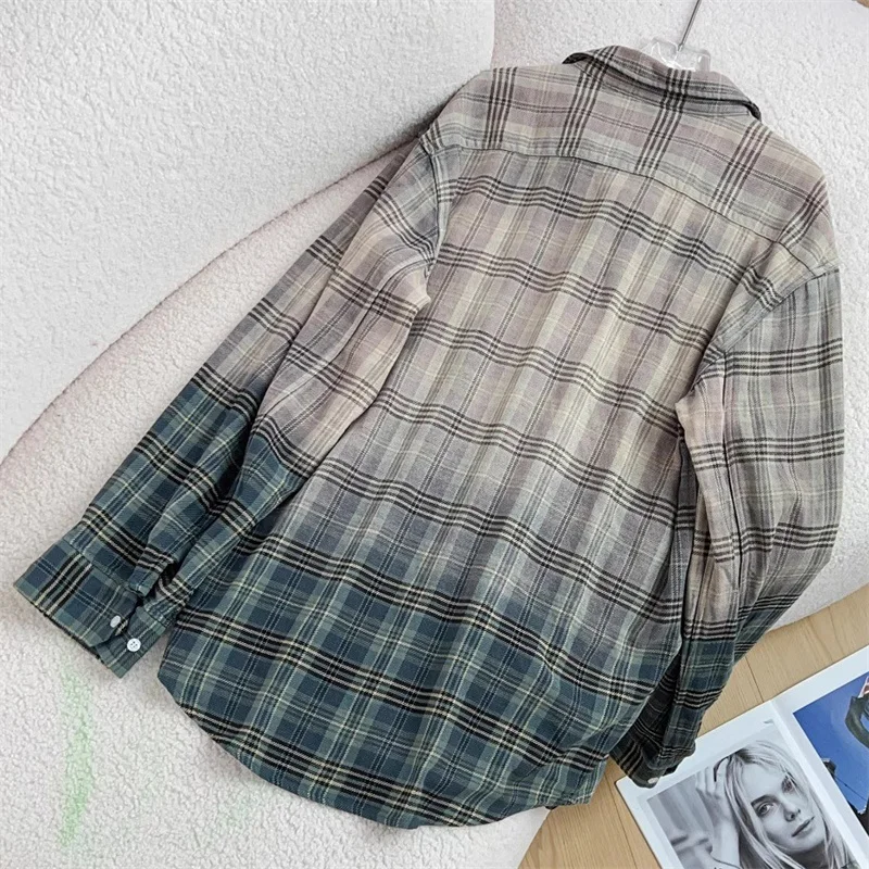 قميص نسائي 2025 صيف جديد متدرج بياقة ضيقة وأكمام طويلة بلوزة نسائية منقوشة من القطن الخالص عالي الجودة معطف رقيق