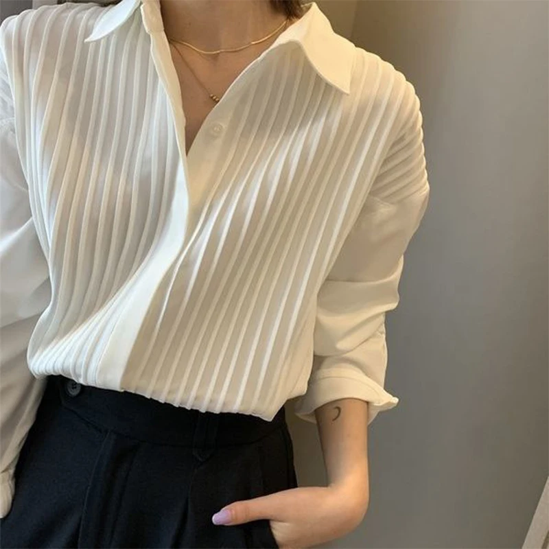 2022 Spring Autumn Turn Down Collar White Simple Pleated Shirt Women Elegant Fashion Temperament All-match Blouse Femme Cardigan