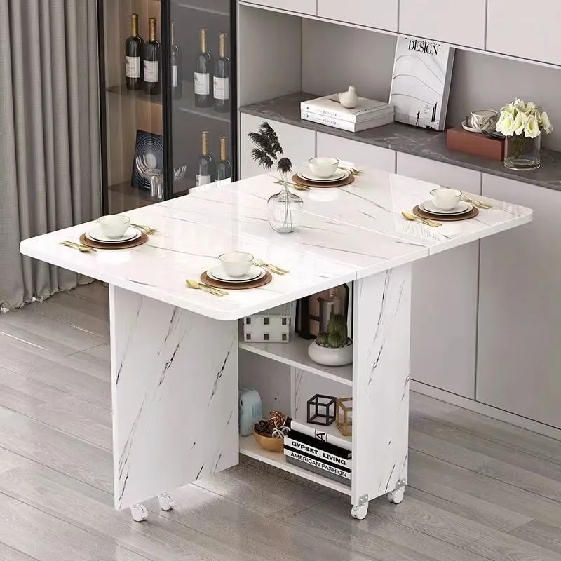 Folding dining table household small apartment movable pulley retractable rectangular simple multi-functional eating table