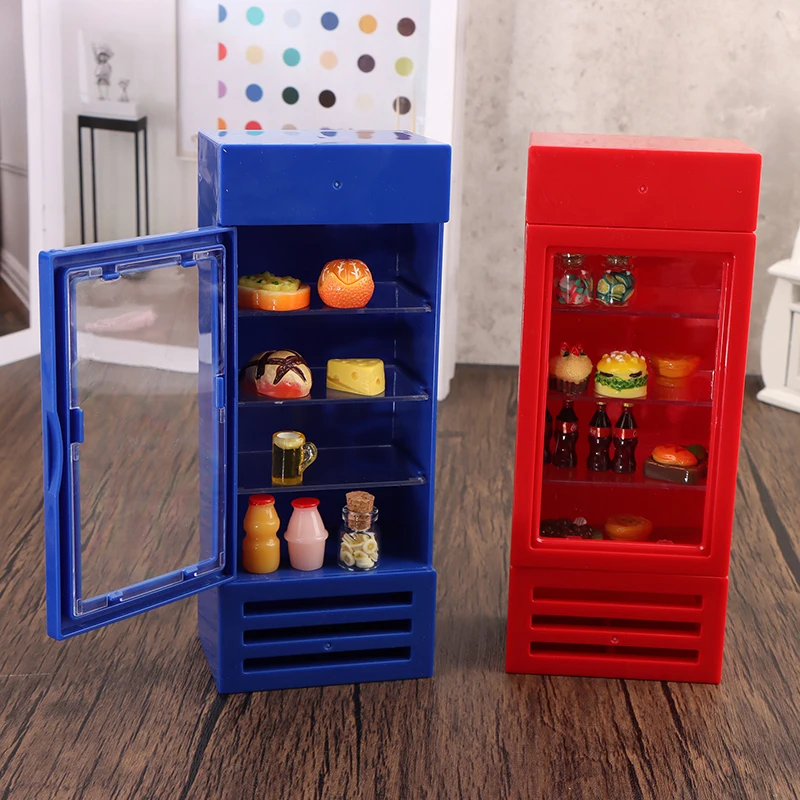 Casa de muñecas en miniatura, muebles de una sola Puerta, rojo y azul, modelo de nevera de juguete, decoración de casa de muñecas, accesorios de bricolaje, 1:12