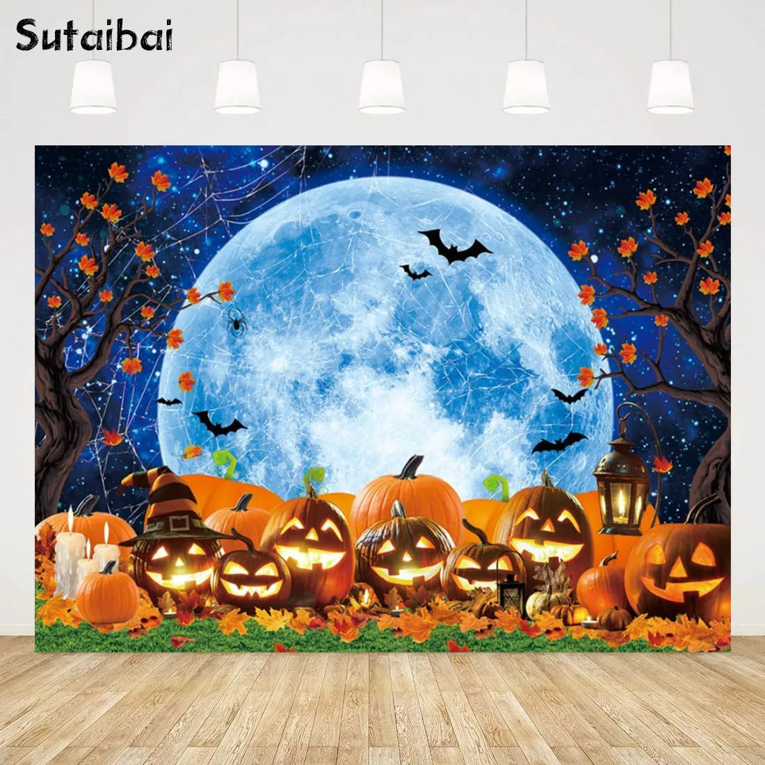 Halloween Backdrop for Photography Halloween Full Moon Night Background Horrible Pumpkin Lantern Maple Leaf Halloween Banner